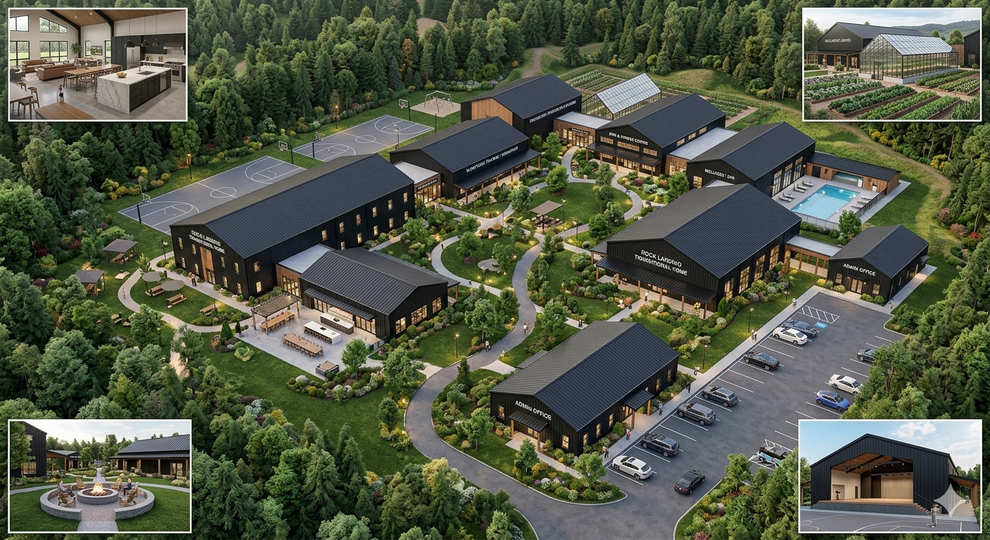 Path 2 purpose-built youth campus rendering — Quonset and barndominium-style buildings